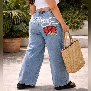Ed Hardy Dagger Heart Jeans Wide Leg Tattoo Grunge Indie Alt Statement Denim 34